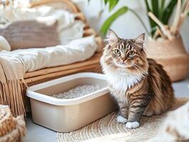 A cozy cat sits beside a litter box in a stylish, natural interior, surrounded by soft decor and greenery. photo