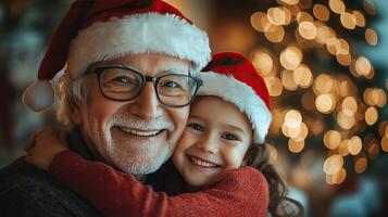A heartwarming holiday scene featuring a smiling grandfather and granddaughter, both wearing Santa hats, in front of a beautifully lit Christmas tree. photo