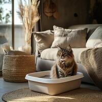 A cozy living room featuring a cat in a litter box, surrounded by soft pillows, natural decor, and warm lighting. photo