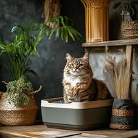A homey scene featuring a cat sitting in a modern litter box surrounded by plants and decorative items on a rustic shelf. photo