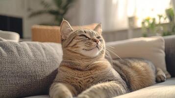 A relaxed cat lounges on a couch, basking in sunlight, with a content expression, embodying comfort and tranquility in a cozy home setting. photo