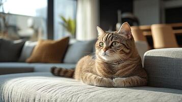 A cozy tabby cat lounging on a soft sofa, basking in natural light, showcasing a relaxed and serene atmosphere. photo