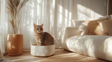 A cozy interior featuring a cat sitting on a round pet bed beside a decorative plant, with soft sunlight streaming through sheer curtains. photo