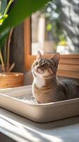 A serene cat relaxes in a litter box by a sunlit window, surrounded by greenery, enjoying a calm moment in its cozy environment. photo