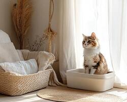 A cozy room featuring a cat sitting in a litter box, surrounded by natural elements and bright, airy curtains. photo