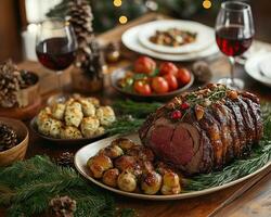 A festive table setting featuring a delicious roast, accompanied by red wine, side dishes, and decorative greenery, perfect for holiday gatherings. photo