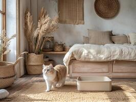 A cozy room with natural decor, featuring a cat, woven baskets, and a comfortable bed, creating a warm, inviting atmosphere. photo