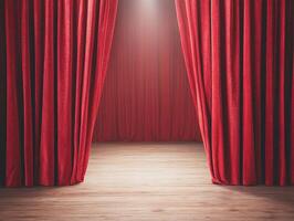 Red velvet curtains part to reveal a stage with warm wooden flooring, illuminated by a spotlight. photo