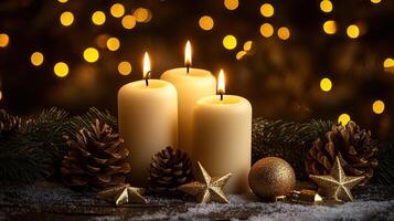 Three lit candles surrounded by pine cones and ornaments, creating a warm and cozy festive atmosphere. photo