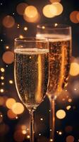 Two champagne flutes filled with sparkling drink, illuminated by festive lights. photo
