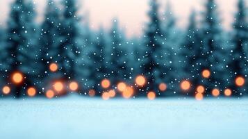 Winter forest scene with soft snowflakes falling and glowing lights in a serene, magical atmosphere. photo