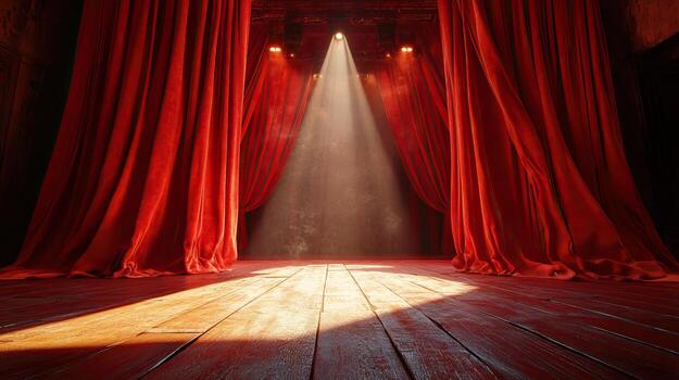 teatral etapa con rojo cortinas y dramático Encendiendo, creando un atmósfera de anticipación y actuación. foto