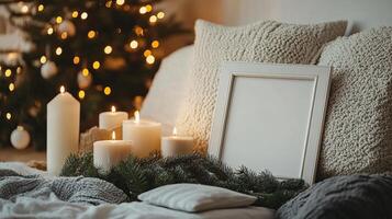 Cozy holiday scene with candles, pillows, and an empty frame, perfect for festive decorations. photo