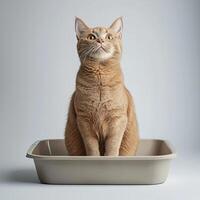 British Shorthair cat sitting in a litter tray isolated on white background photo