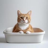 A ginger and white cat calmly lying in a white litter box, set against a plain, neutral indoor background. photo