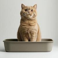 British Shorthair cat sitting in a litter tray isolated on white background photo