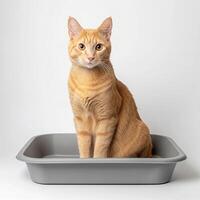 A ginger cat with alert eyes sitting inside a gray litter box, positioned against a simple white background indoors. photo