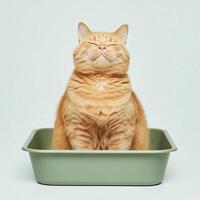 A relaxed ginger cat with closed eyes sitting peacefully in a green litter box, against a soft, plain background. photo