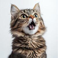 A close-up shot of a tabby cat with wide eyes and open mouth, showing teeth, expressing excitement or playfulness. photo