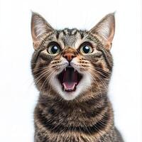 A close-up shot of a tabby cat with wide eyes and open mouth, showing teeth, expressing excitement or playfulness. photo