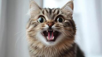 A close-up shot of a tabby cat with wide eyes and open mouth, showing teeth, expressing excitement or playfulness. photo