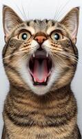 A close-up shot of a tabby cat with wide eyes and open mouth, showing teeth, expressing excitement or playfulness. photo