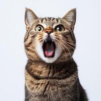 A close-up shot of a tabby cat with wide eyes and open mouth, showing teeth, expressing excitement or playfulness. photo