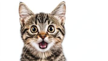 A close-up shot of a tabby cat with wide eyes and open mouth, showing teeth, expressing excitement or playfulness. photo