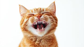 Close-up of a ginger cat with eyes closed, mouth open, and tongue visible, expressing a joyful or playful mood against a white background. photo