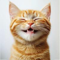 Close-up of a ginger cat with eyes closed, mouth open, and tongue visible, expressing a joyful or playful mood against a white background. photo