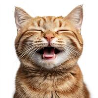 Close-up of a ginger cat with eyes closed, mouth open, and tongue visible, expressing a joyful or playful mood against a white background. photo