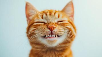 Close-up of a ginger cat showing a cute smile with closed eyes and visible fangs, expressing joy or satisfaction. photo