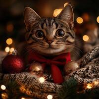 A charming cat in a festive setting adorned with Christmas ornaments and twinkling lights. photo