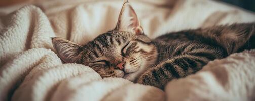 A cozy tabby cat peacefully sleeps on a soft blanket, embodying comfort and tranquility in a serene setting. photo