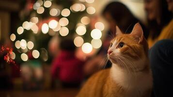 A cozy indoor scene featuring a curious orange cat with a festive background of twinkling lights and a Christmas tree. photo