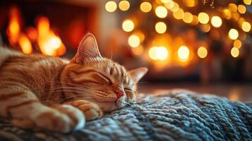 A cozy, sleeping orange cat rests on a blanket, with a warm, glowing fireplace and bokeh lights in the background, creating a peaceful atmosphere. photo