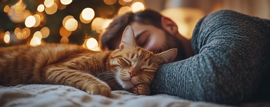 A cozy scene of a man sleeping peacefully with a ginger cat, adorned with soft holiday lights in the background. photo