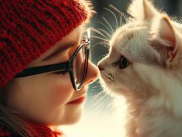 A joyful girl in a red knit hat shares a tender moment with her fluffy white cat, showcasing their close bond and affection. photo