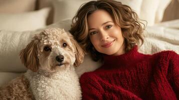 A woman with curly hair smiles beside a fluffy dog, both cozy and relaxed in a warm, inviting room. photo