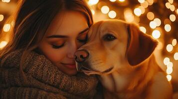 A warm scene of a woman gently embracing her dog, surrounded by glowing lights, capturing a moment of love and companionship. photo