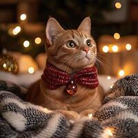 A festive cat with a collar sits gracefully among twinkling lights, surrounded by cozy blankets and holiday decorations. photo