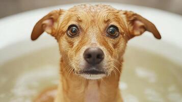 A wet dog looks up with a surprised expression while sitting in a bathtub filled with water. photo