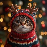A cozy cat dressed in a reindeer sweater and antlers, set against a background of colorful holiday lights. photo