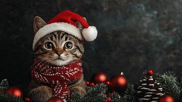A festive cat wearing a Santa hat and scarf surrounded by holiday decorations, creating a warm and cheerful Christmas atmosphere. photo