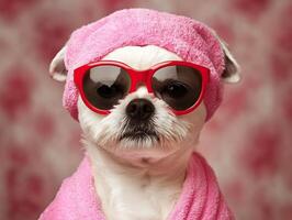 A chic dog in a pink towel and red sunglasses poses stylishly against a soft, patterned background. photo