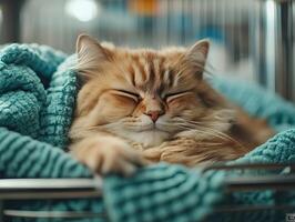 A sleepy cat nestled in a cozy blanket, enjoying a peaceful moment with closed eyes and a content expression. photo