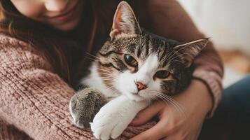 A cozy moment between a person and a cat, showcasing affection and bonding. photo