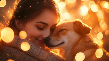 A warm, intimate moment between a woman and her dog, surrounded by soft, glowing lights, capturing love and connection. photo