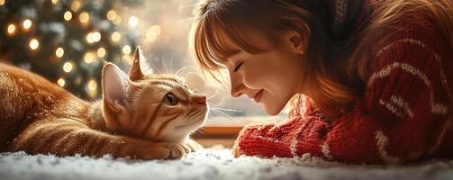 A cozy scene featuring a woman and a cat sharing a joyful moment, surrounded by a festive atmosphere with soft light and a warm ambiance. photo