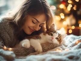 A warm, cozy scene of a woman hugging her cat, surrounded by holiday lights, radiating joy and affection. photo